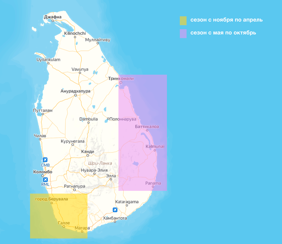 Карта основных курортов южного и восточного побережья Шри-Ланки